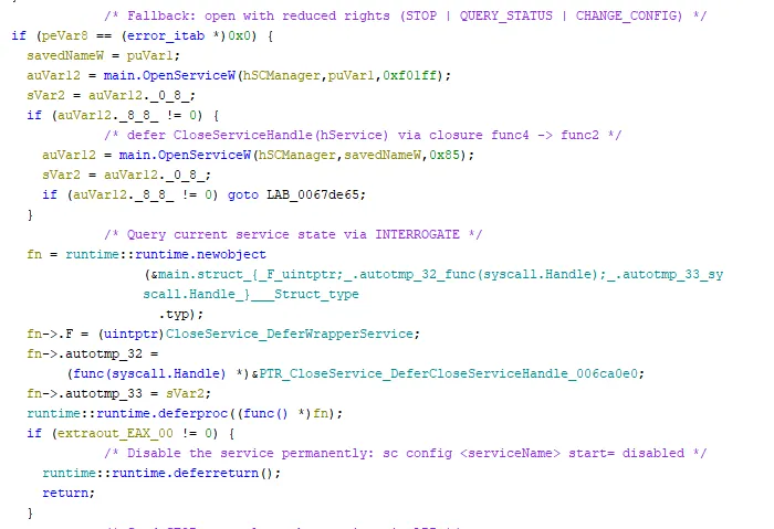Decompiled main.Close_Service code that opens and disables each service