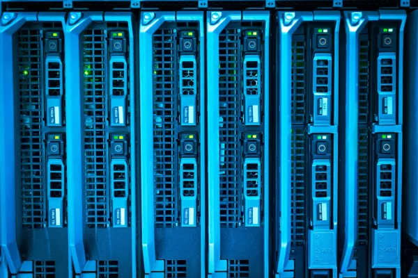Closeup of a server rack full of hard drives