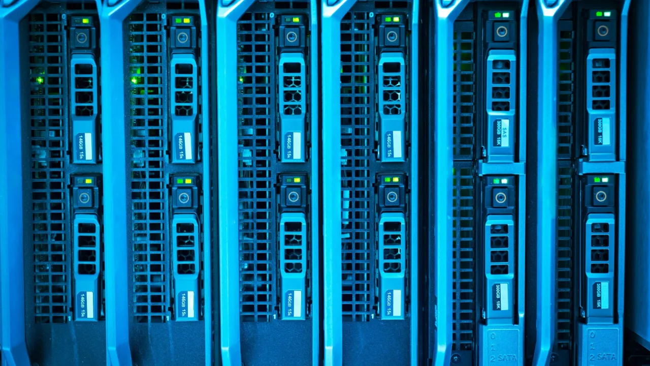 Closeup of a server rack full of hard drives