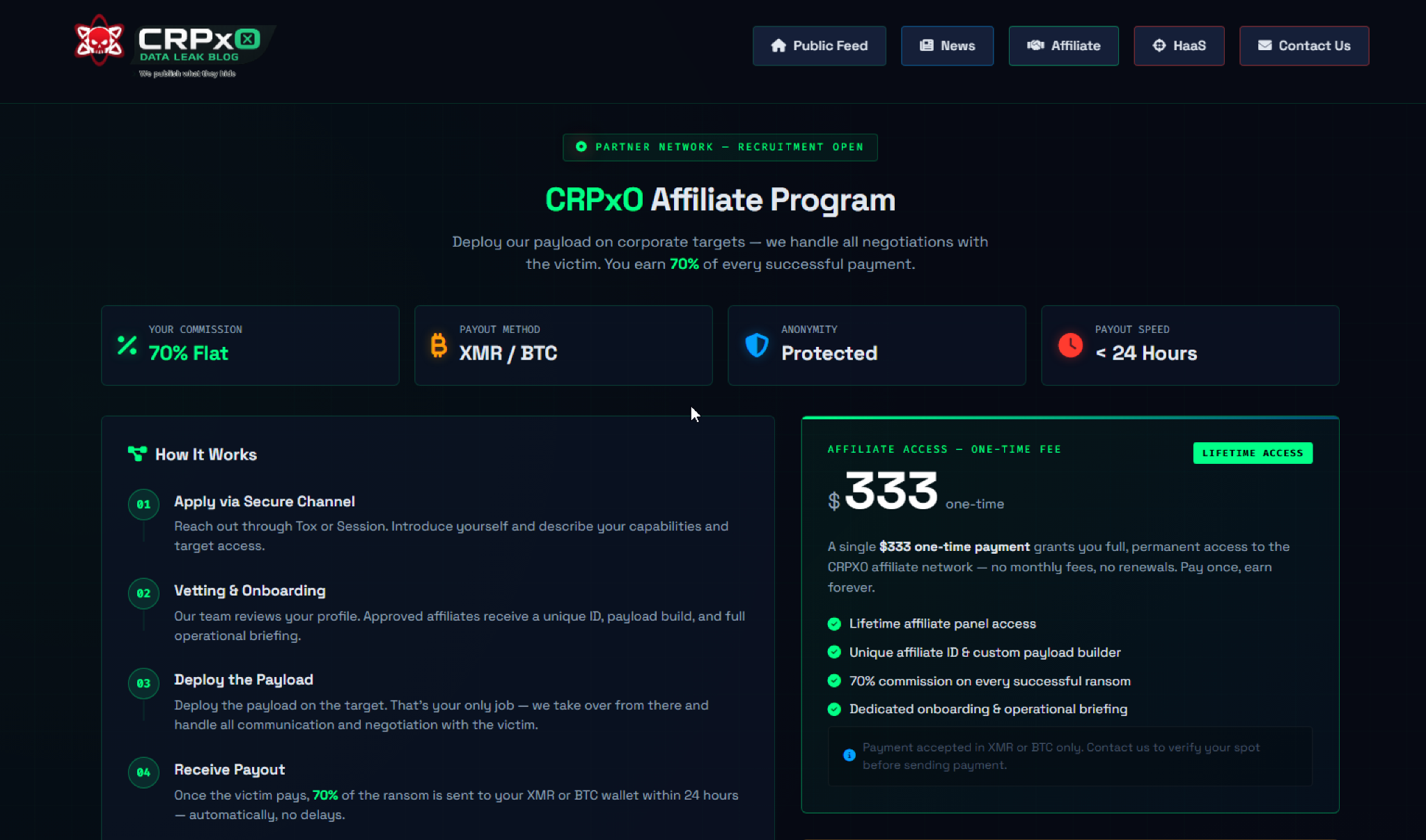 Figure 2: CRPx0 Ransomware affiliate program.