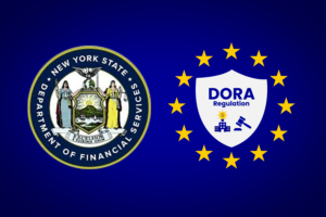 The New York Department of Financial Services and Digital Operational Resilience Act emblems on a blue background
