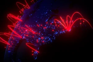 Graphic of styled globe showing the east coast of the United States, and small pins with red heads sticking out of random cities. Large, glowing red arcs also emanate from different central hubs on the continent.