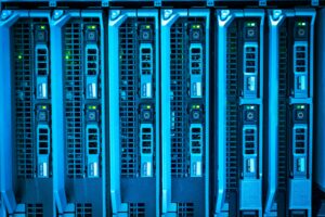 Closeup of a server rack full of hard drives